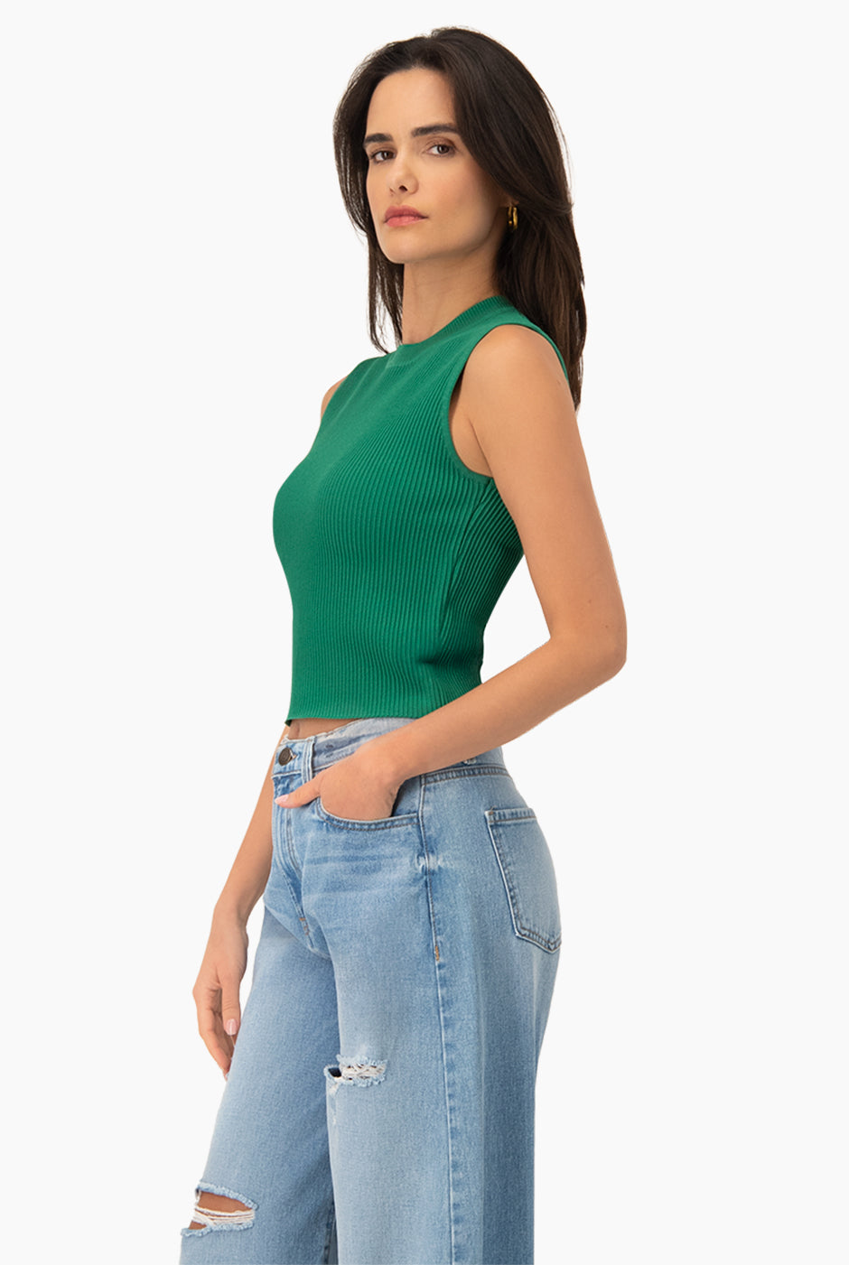 Top verde acanalado sin mangas con cuello redondo