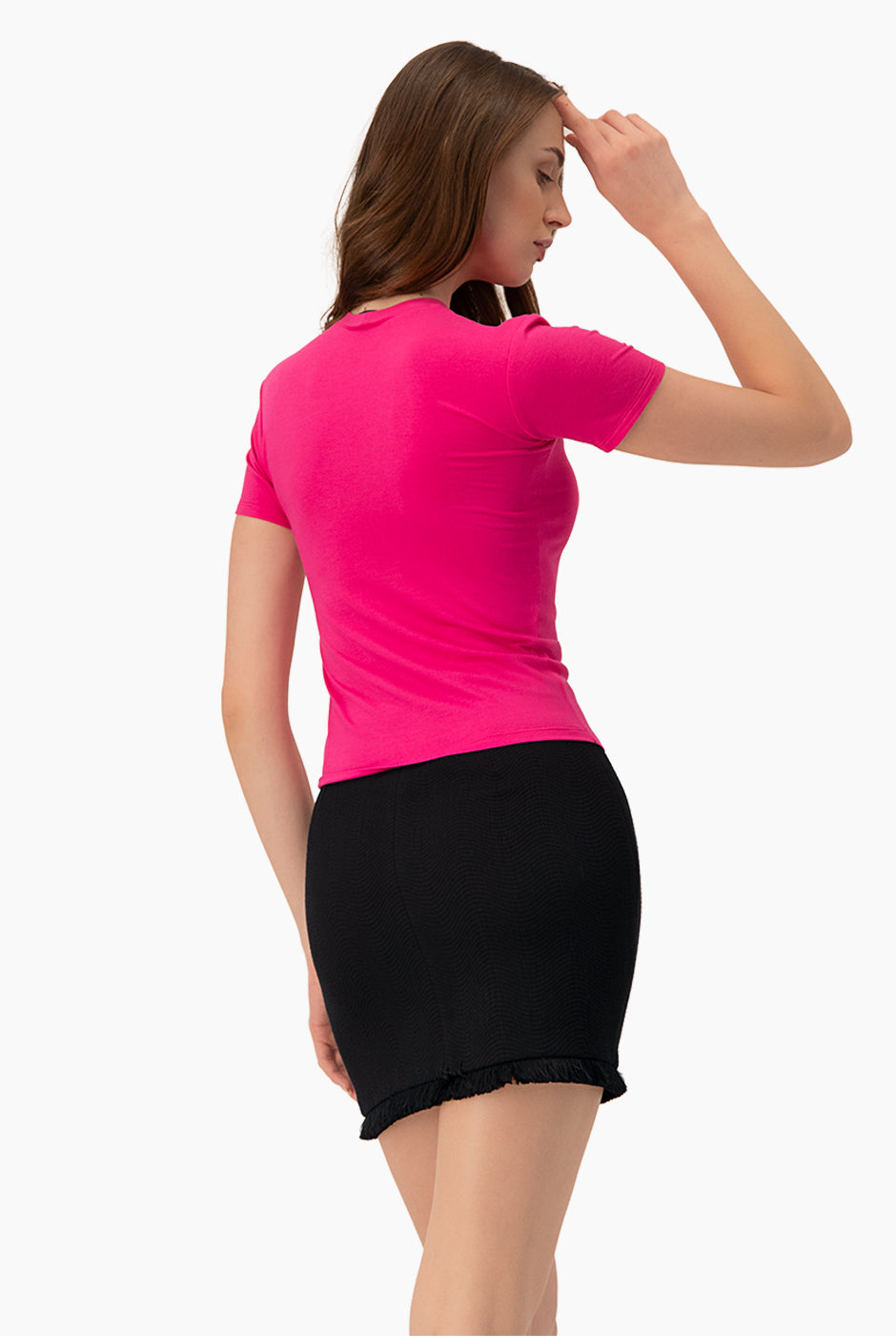 Playera básica recta rosa con cuello redondo y manga corta