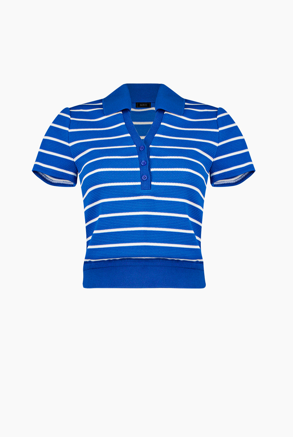 Blusa recta azul con escote en V y rayas horizontales