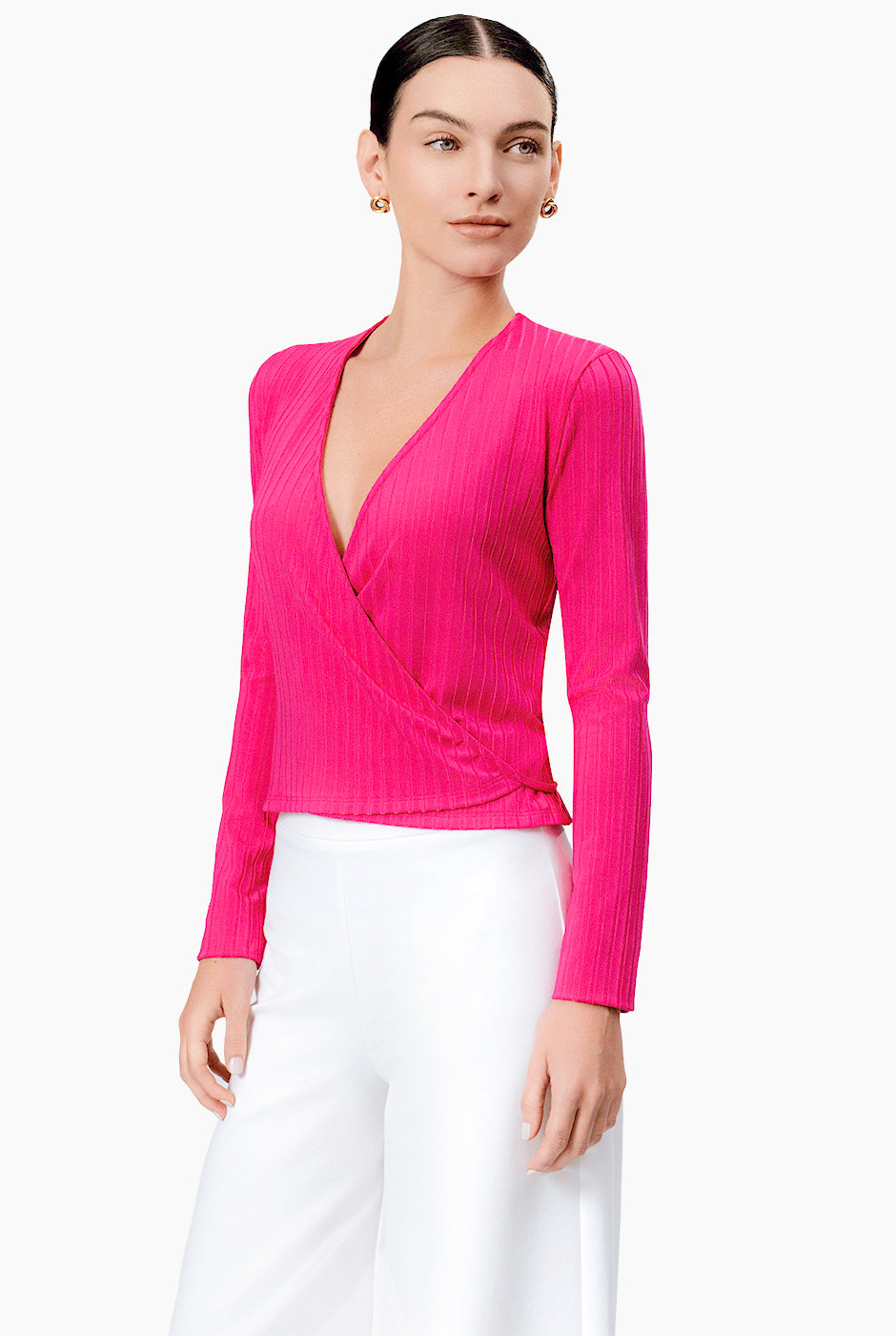 Blusa fucsia cruzada con amarre lateral y manga larga