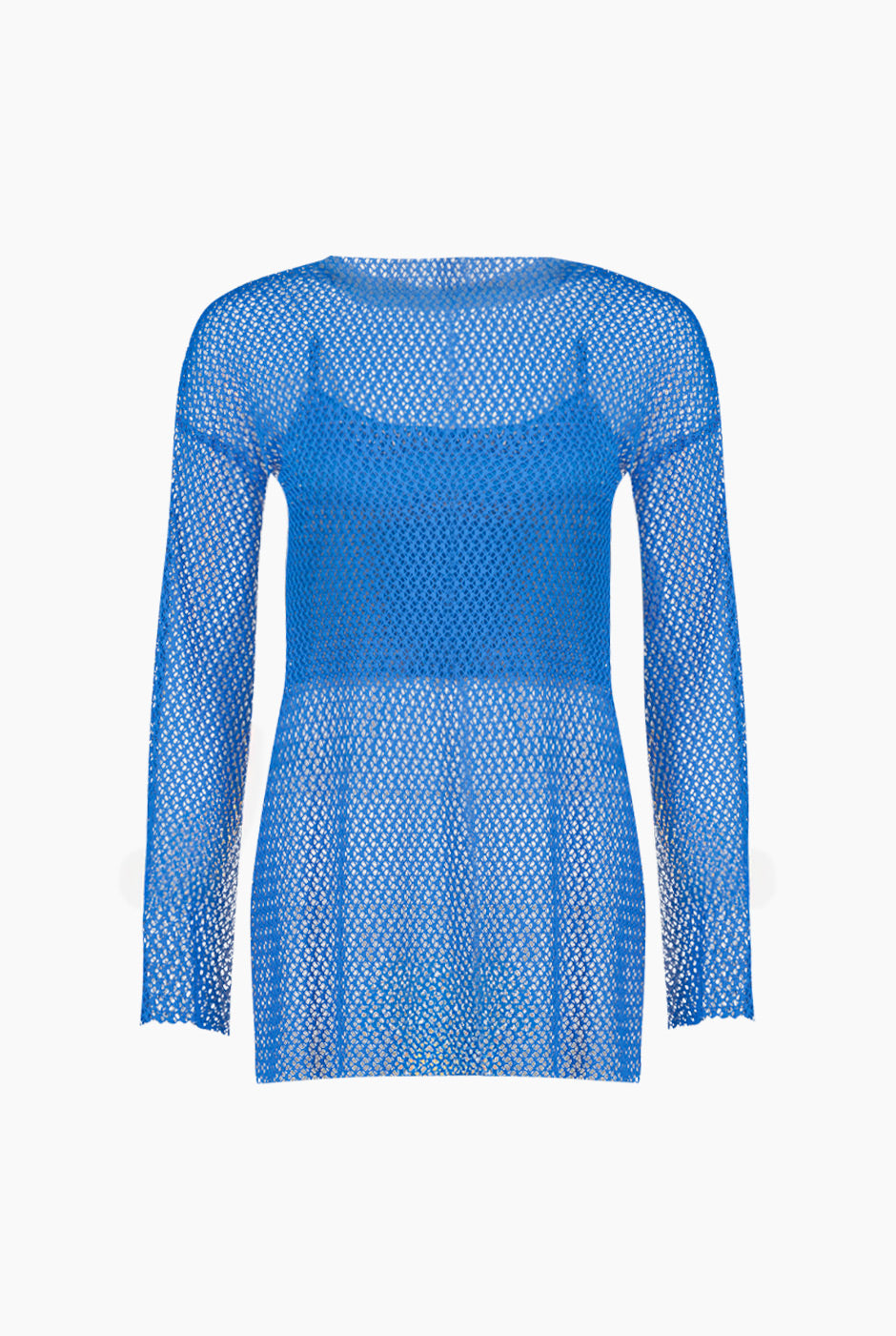 Blusa túnica azul tejida de manga larga y cuello redondo