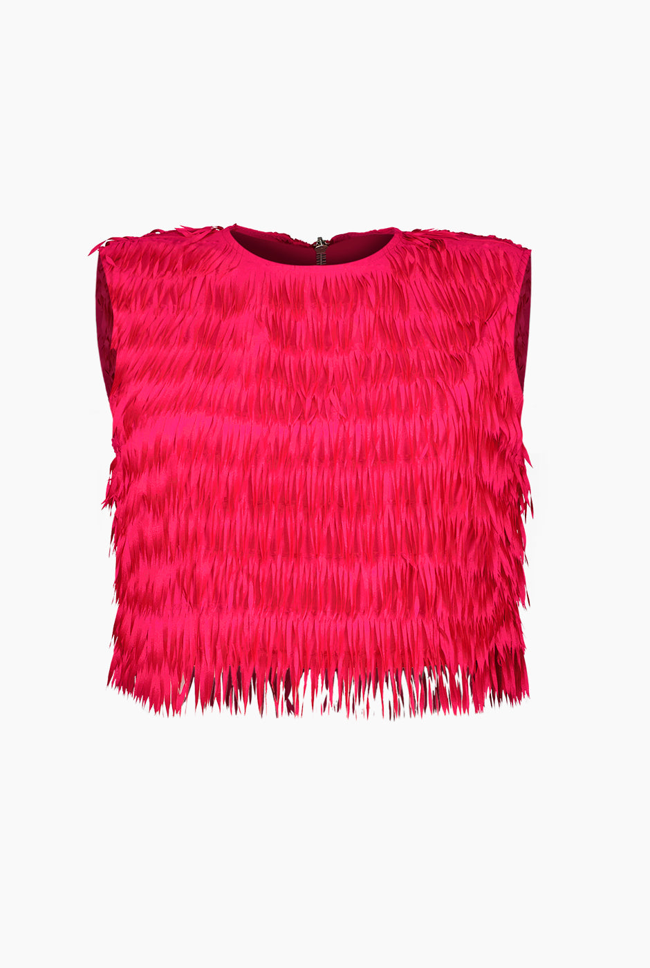 Top corto sin mangas fucsia con flecos y cuello redondo