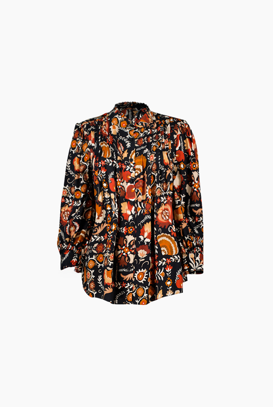 Blusa estampada de manga larga con plisado y cuello mao