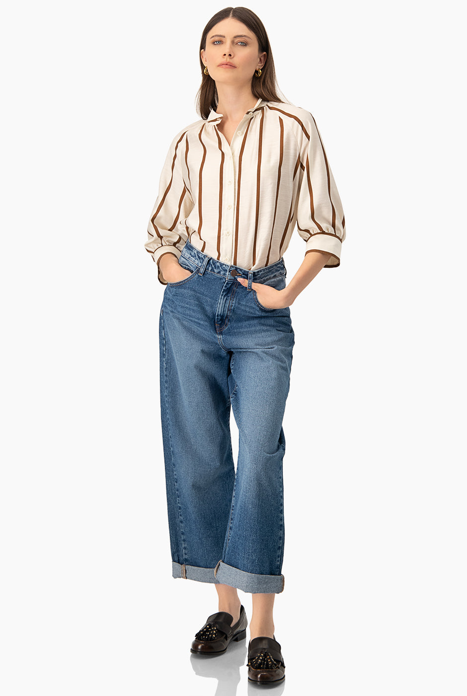 Blusa estampada de rayas con cuello mao y mangas 3/4