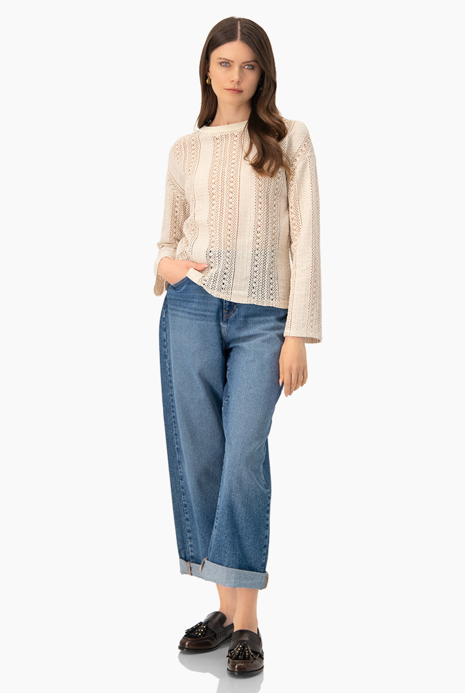 Blusa tejida en color natural de manga larga