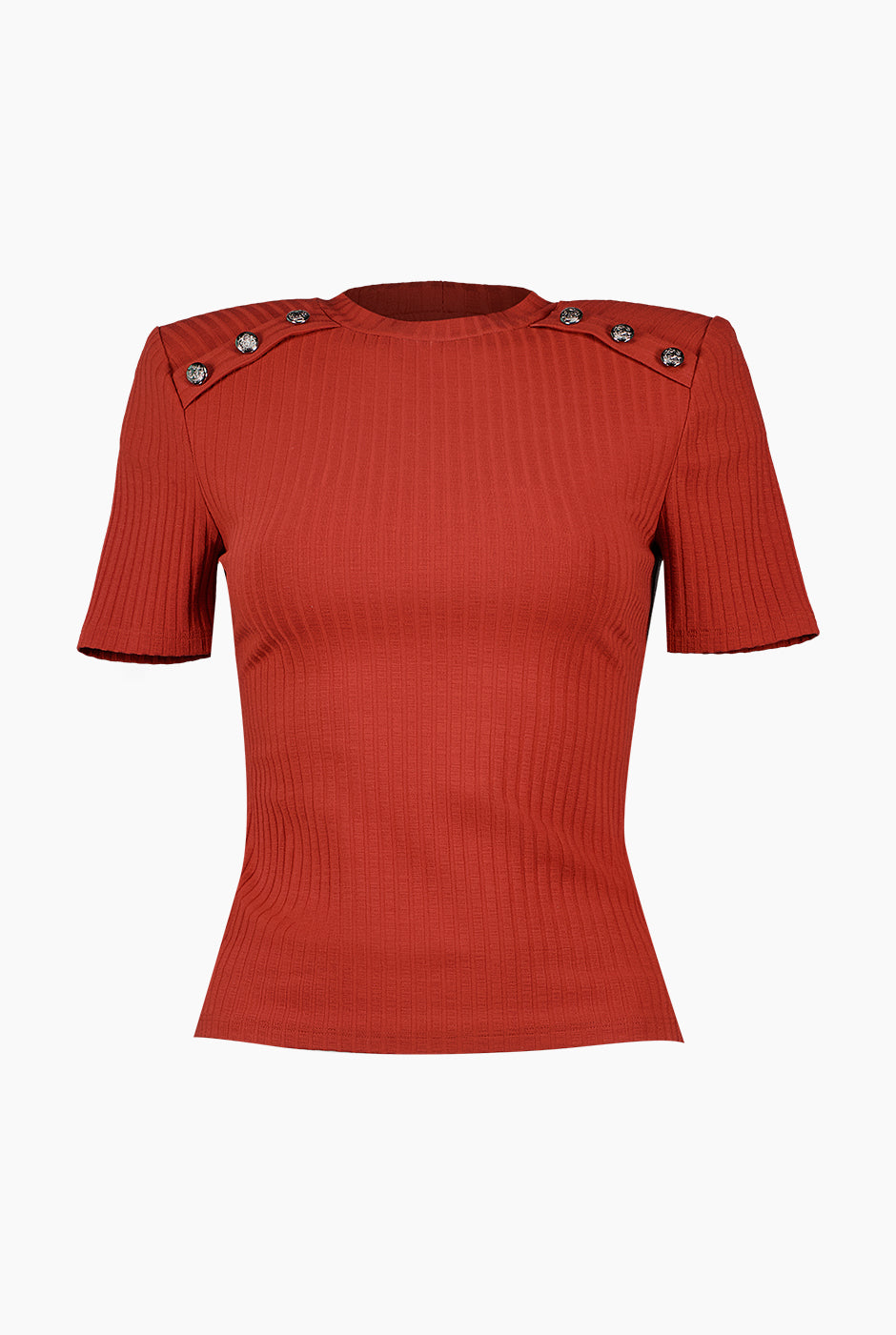 Blusa roja chedrón de manga corta con cuello redondo y botones en hombros