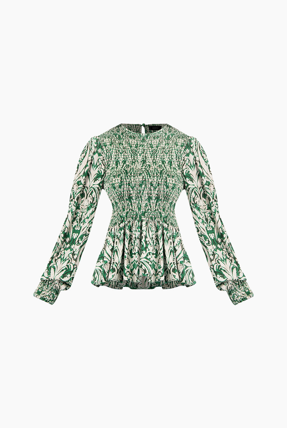 Blusa verde con estampado floral y smock en puños