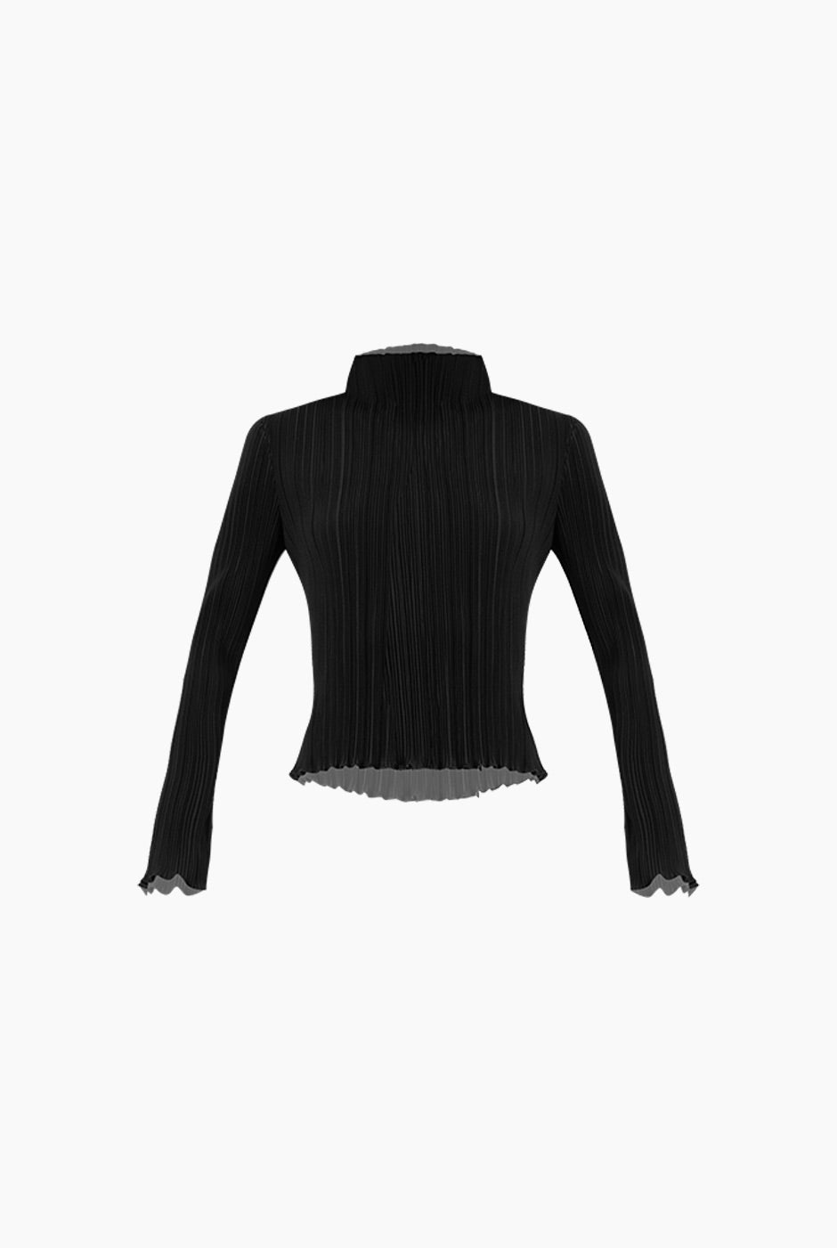 Blusa plisada negra de cuello alto y mangas largas
