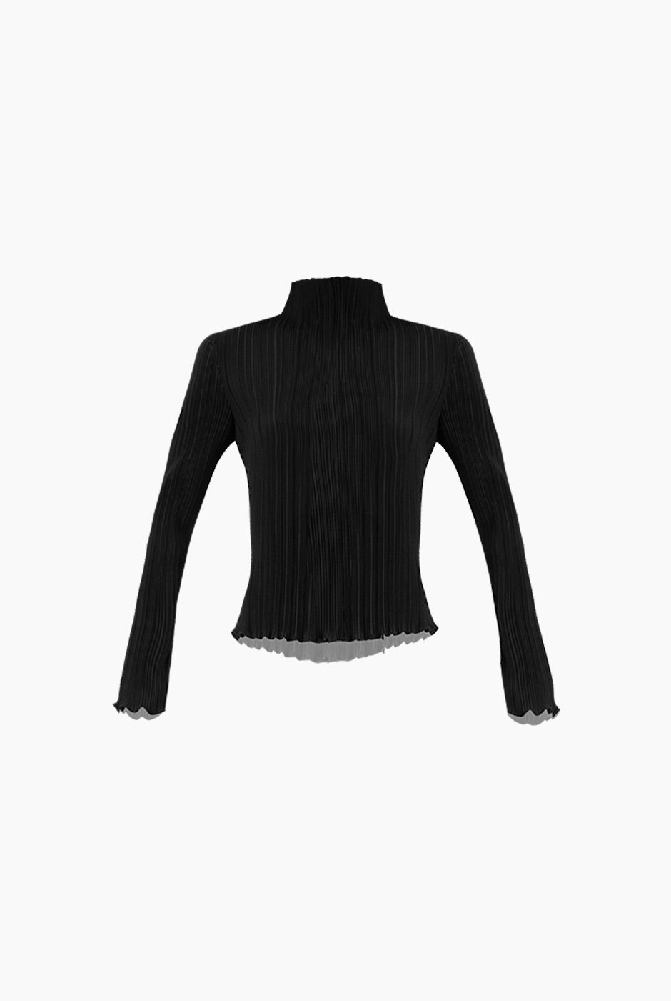 Blusa plisada negra de cuello alto y mangas largas