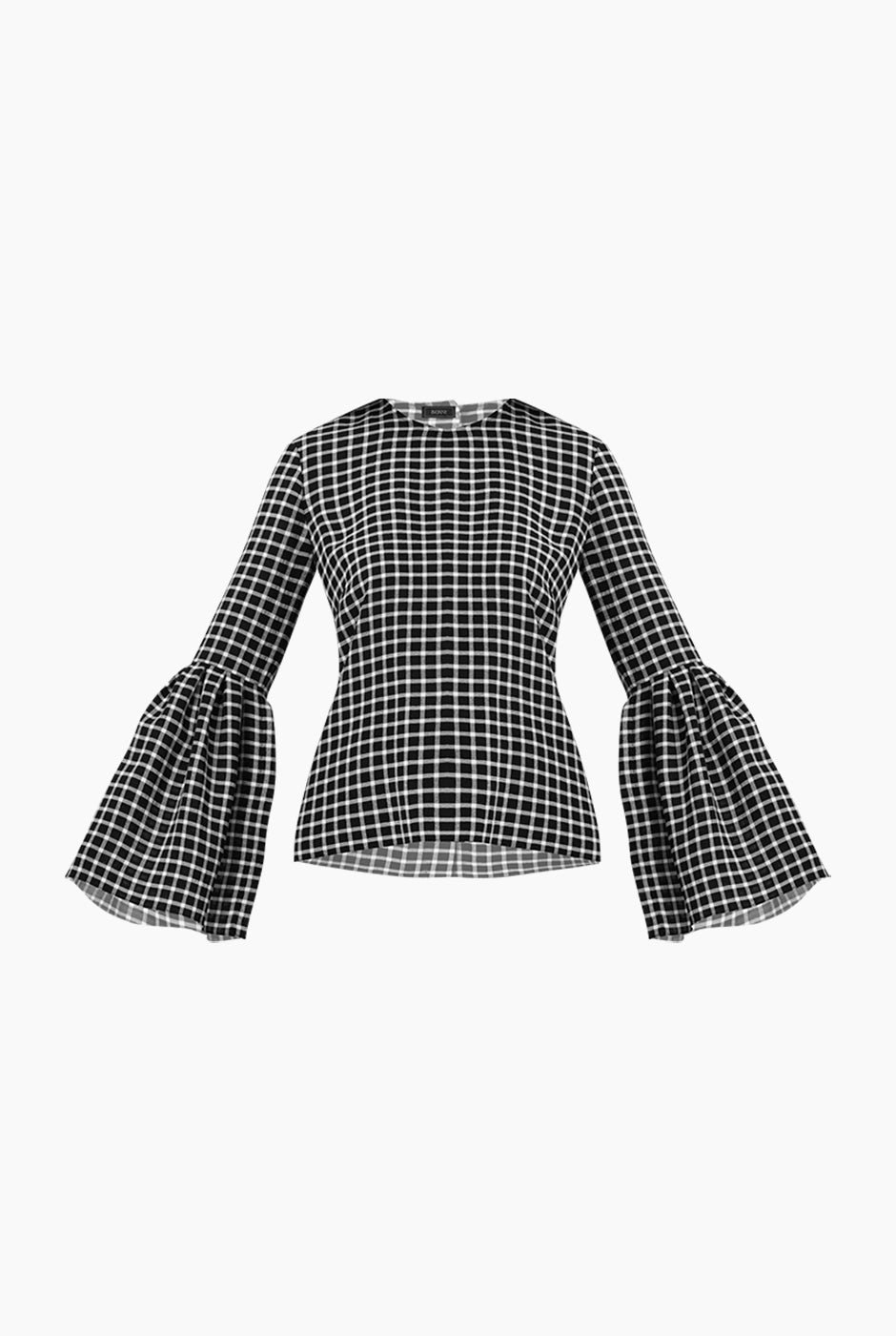 Blusa negra a cuadros con mangas largas y vuelo