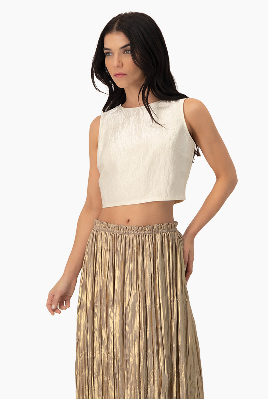 Blusa corta sin mangas color natural con cierre en la espalda