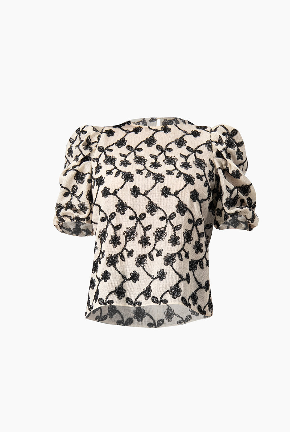 Blusa de manga corta con bordado floral y cuello redondo