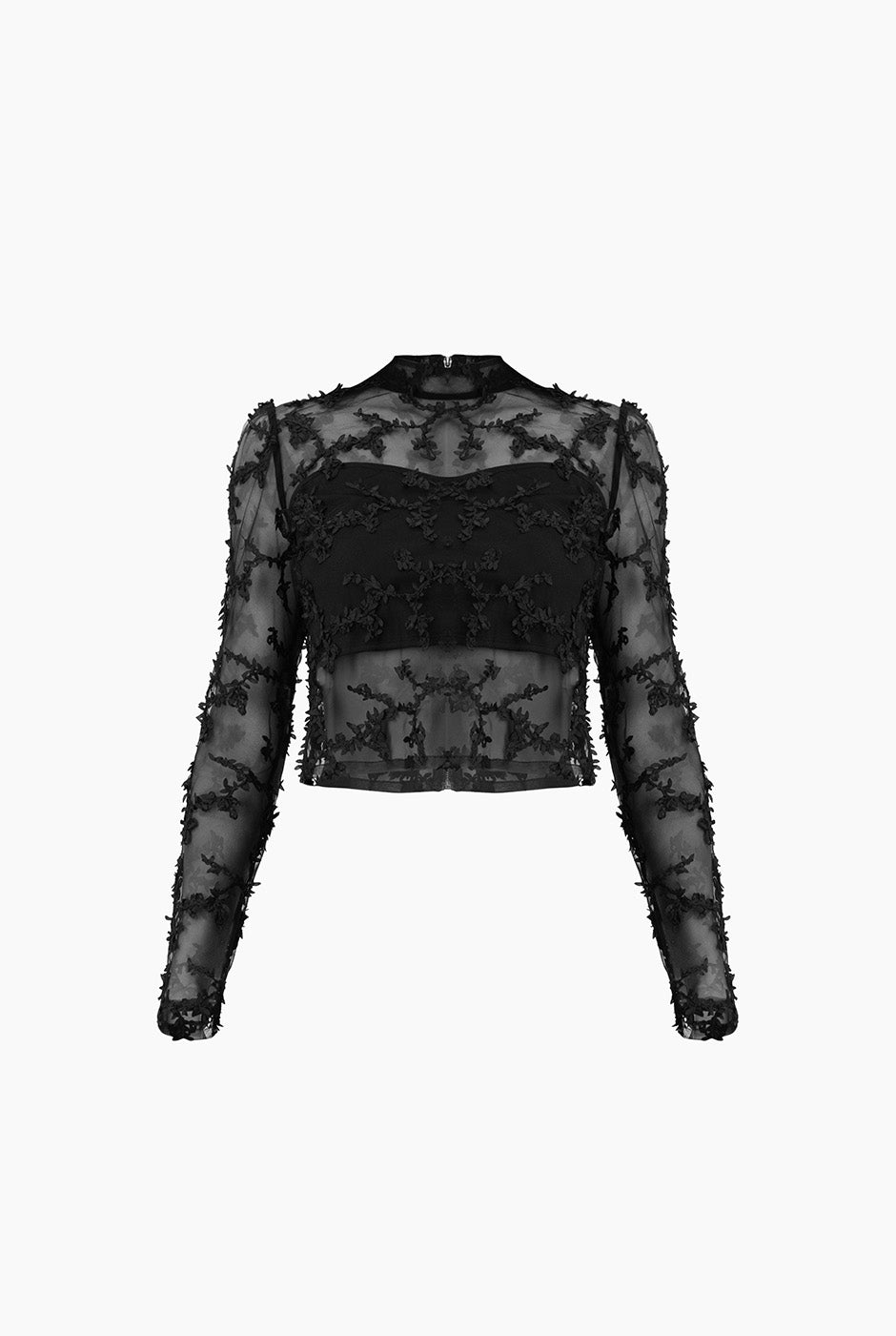 Blusa negra recta con textura y bordado floral