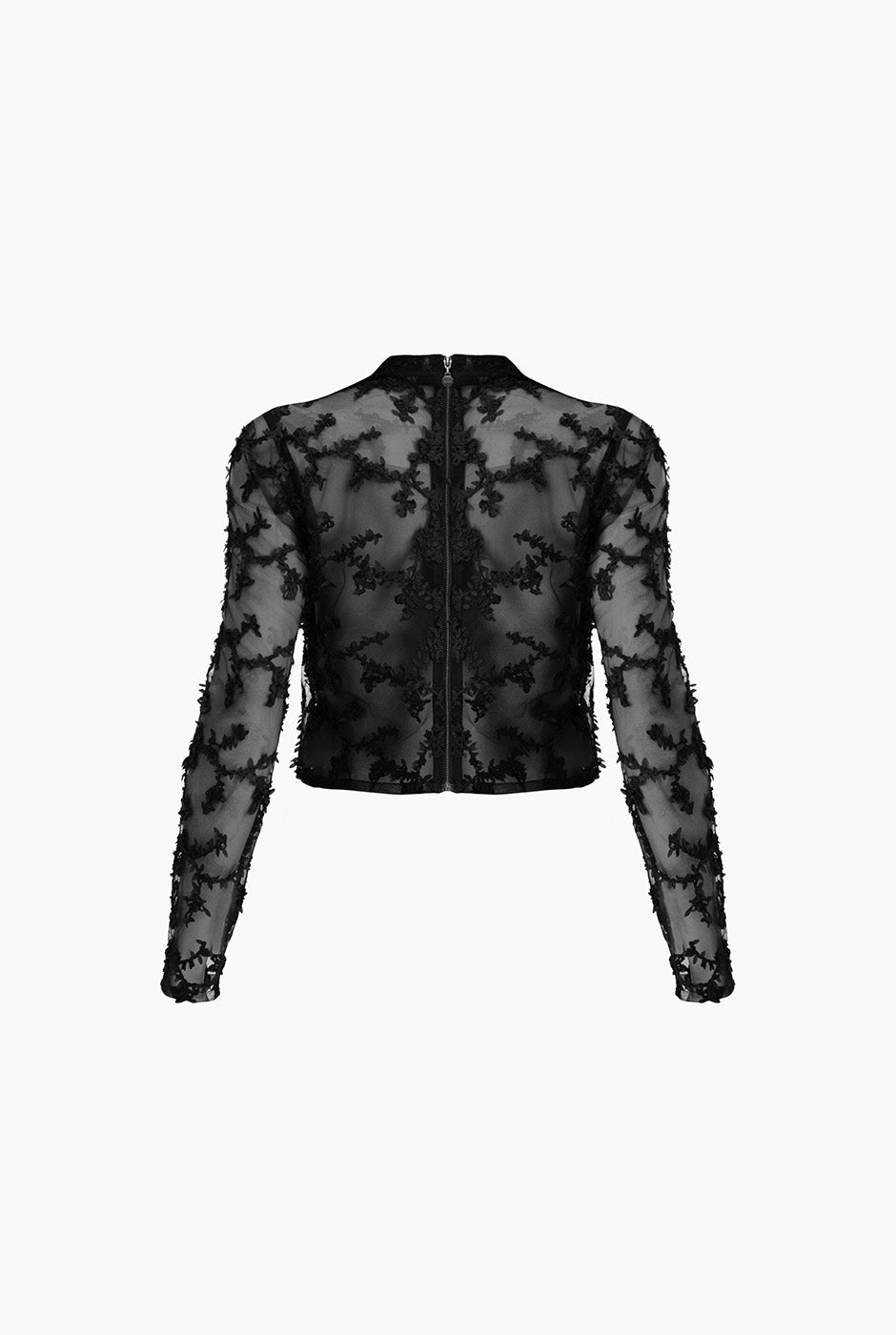 Blusa negra recta con textura y bordado floral