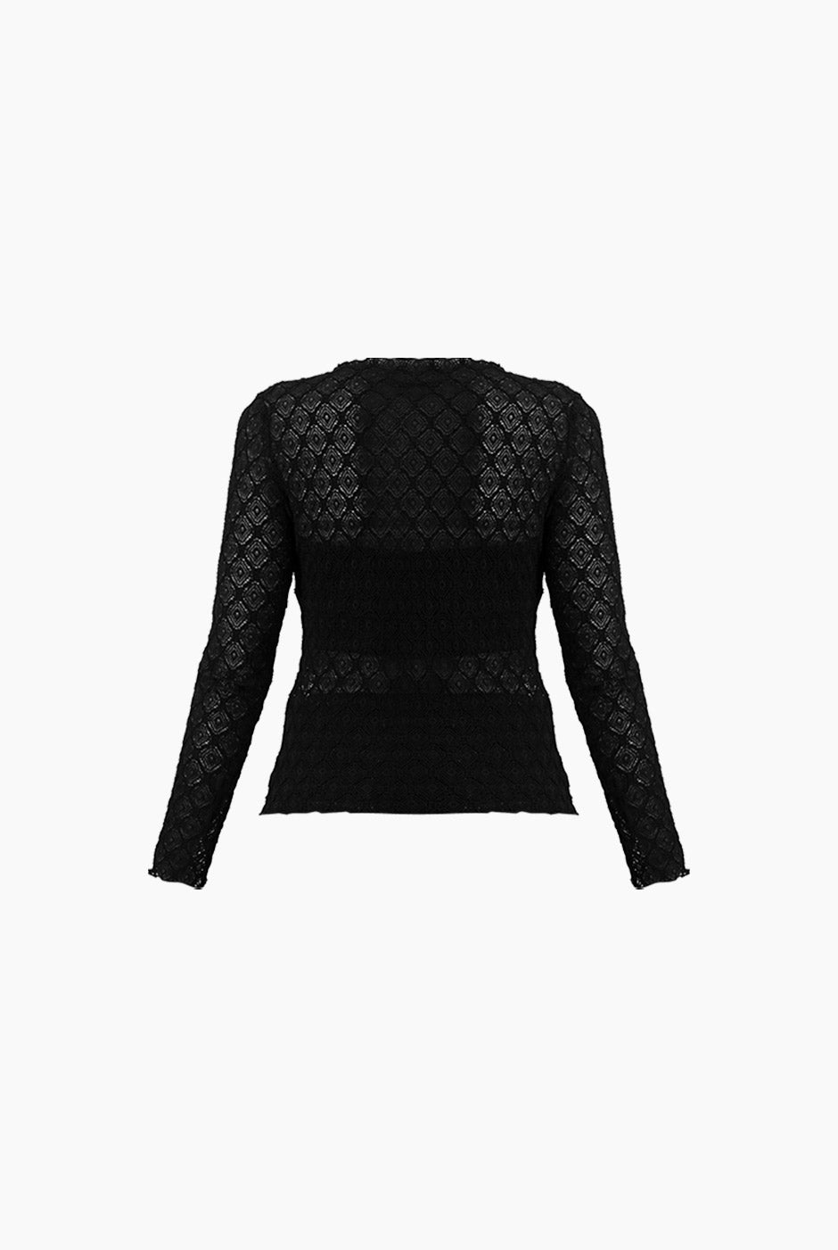 Blusa tejida negra de manga larga con encaje geométrico