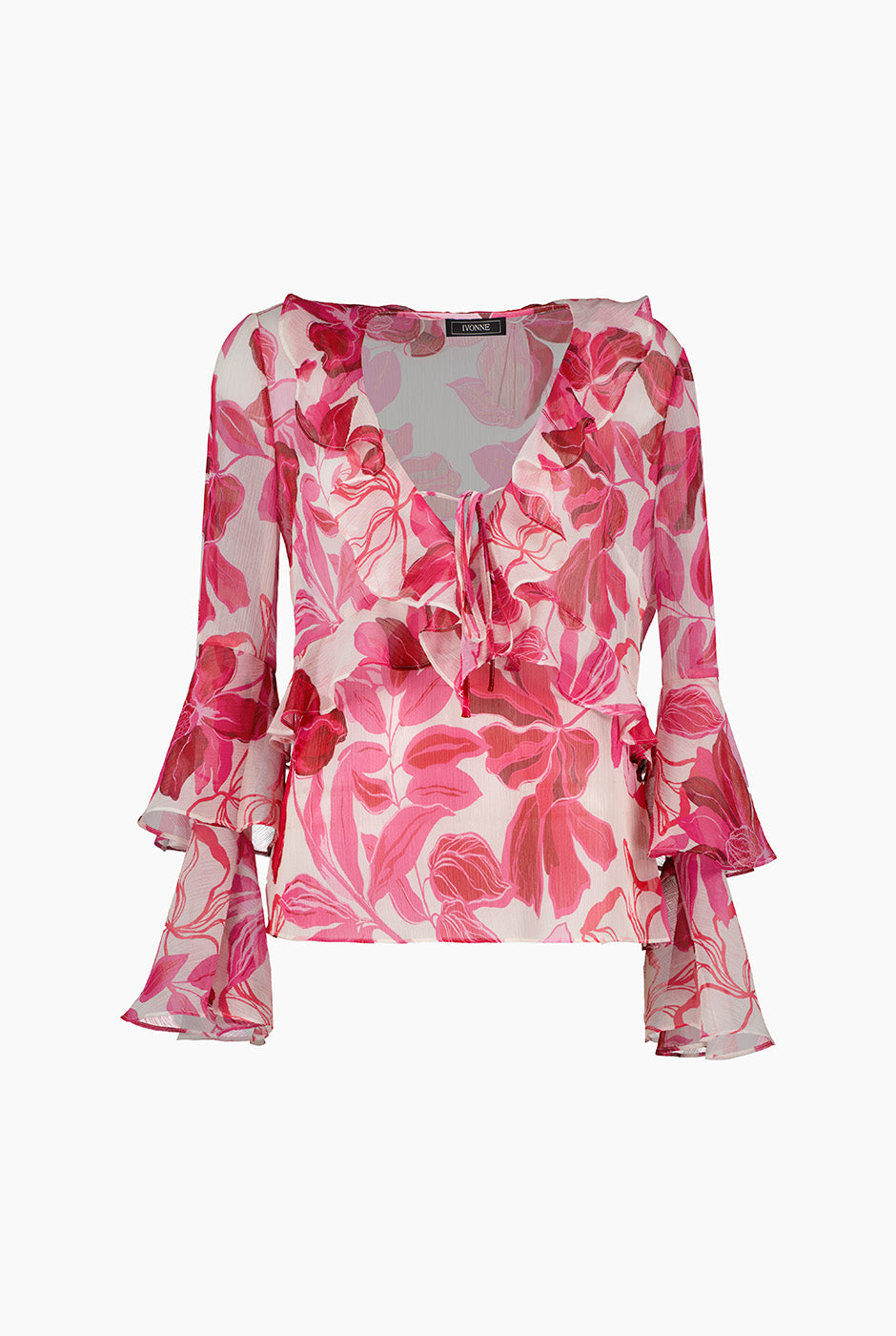 Blusa fucsia con estampado floral y volantes