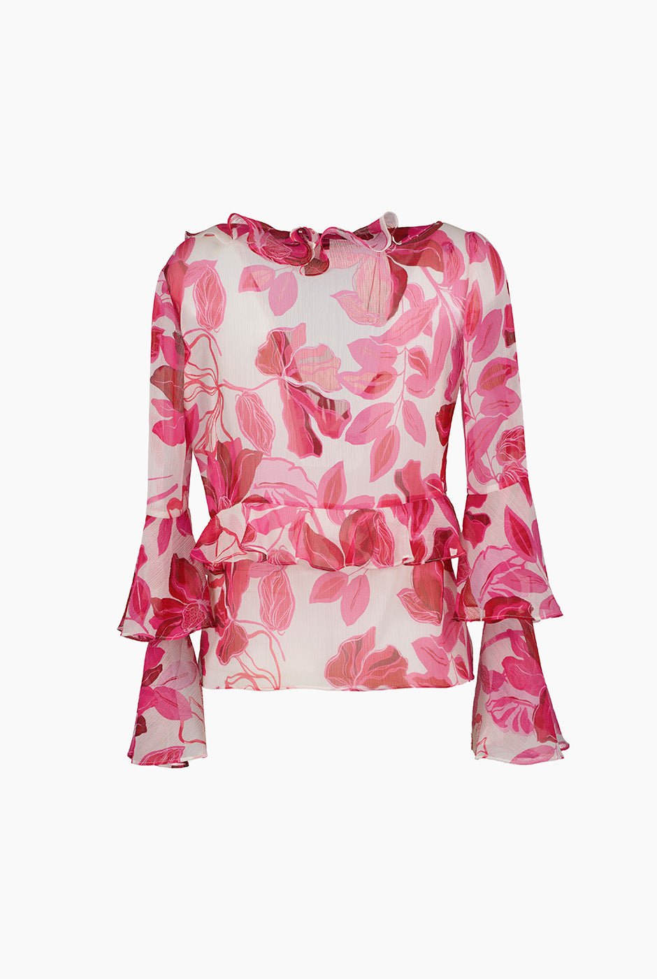 Blusa fucsia con estampado floral y volantes