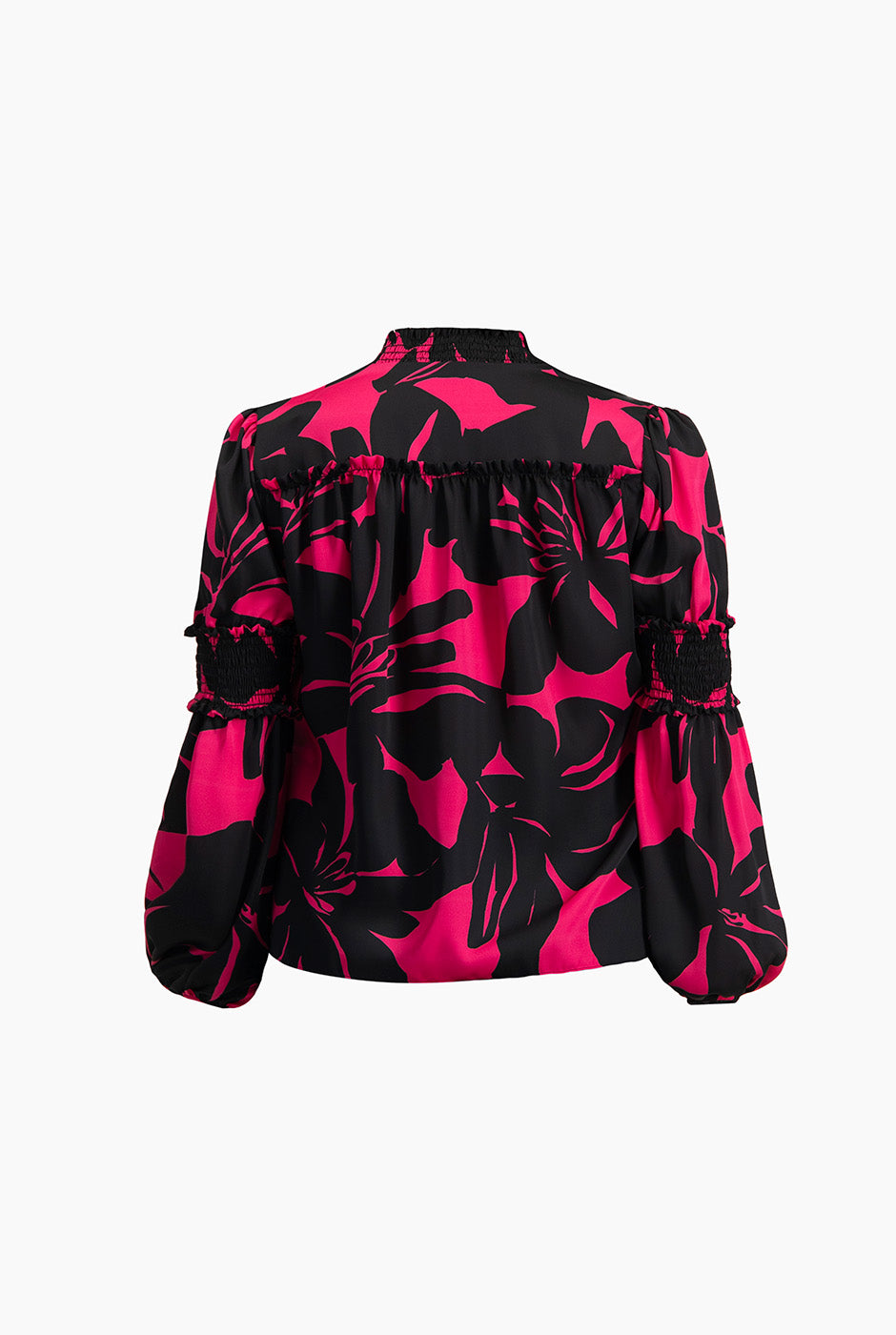 Blusa fucsia de manga larga con estampado floral y smock