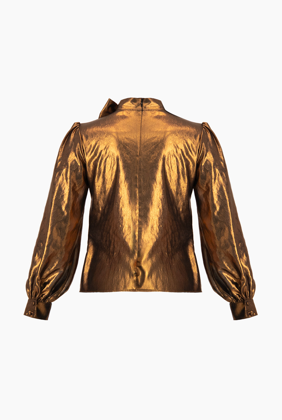 Blusa de cuello alto cobre con cintas y puños con botones