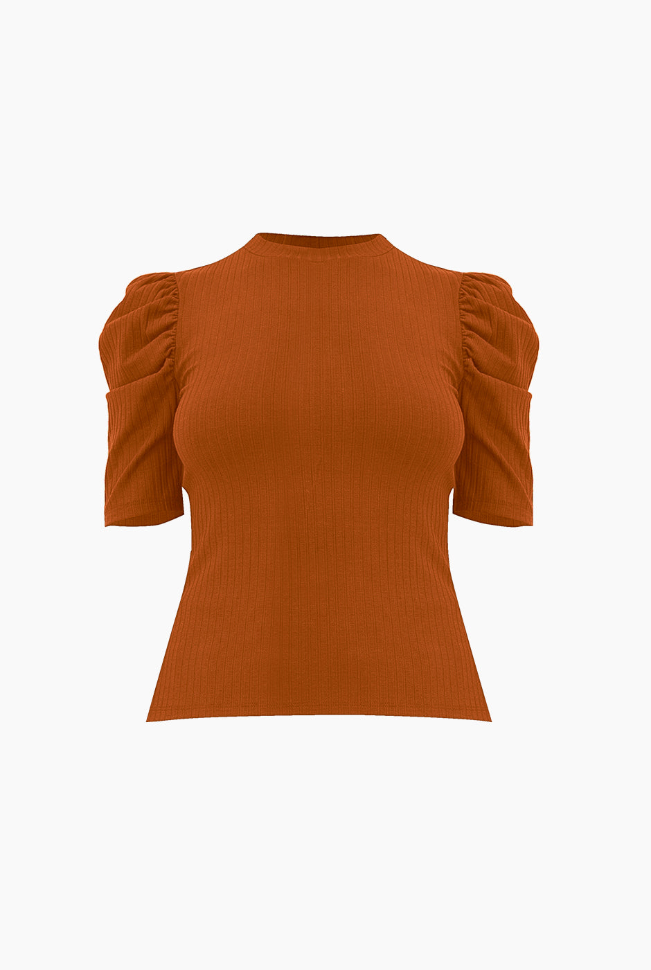 Blusa café recta con hombros abullonados y cuello redondo.