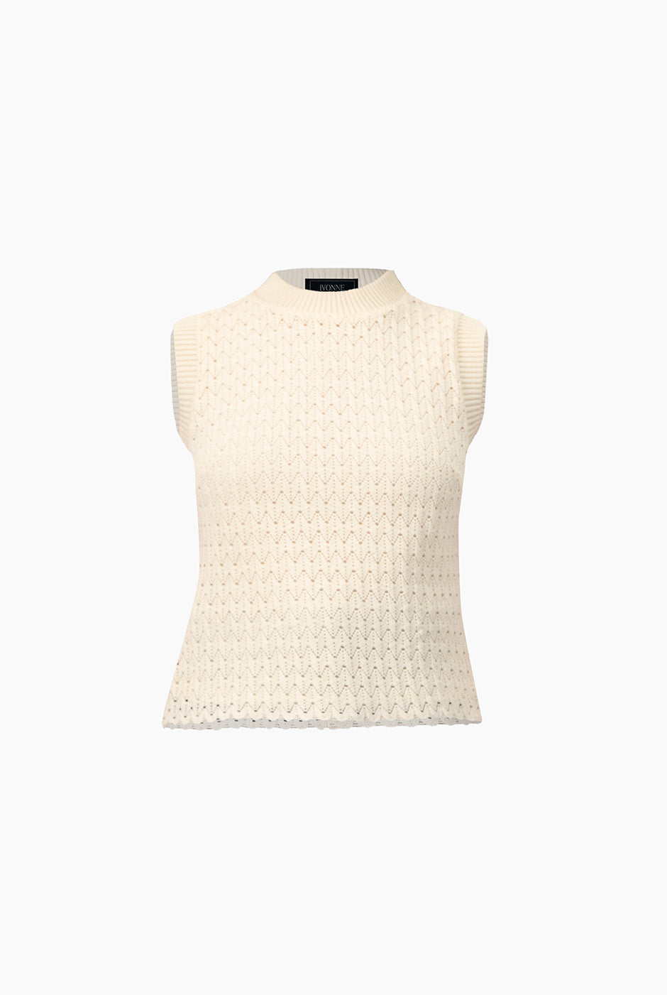 Top tejido recto sin mangas de algodón con patrón zigzag, color natural.