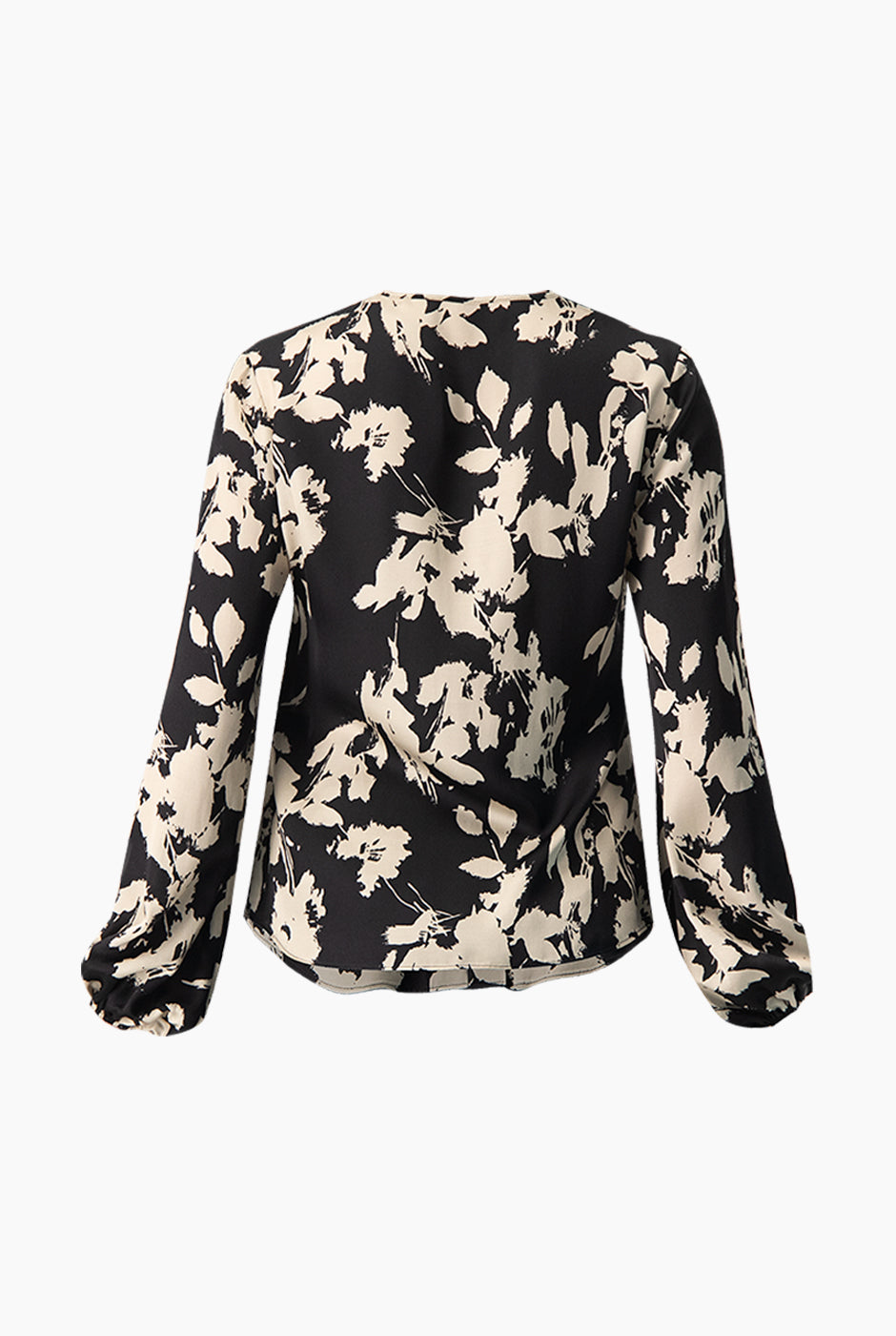 Blusa recta negra con estampado floral blanco y negro, manga larga