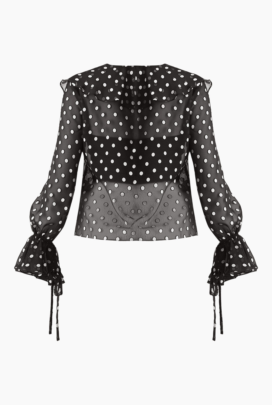 Blusa negra de lunares con escote en V y volantes