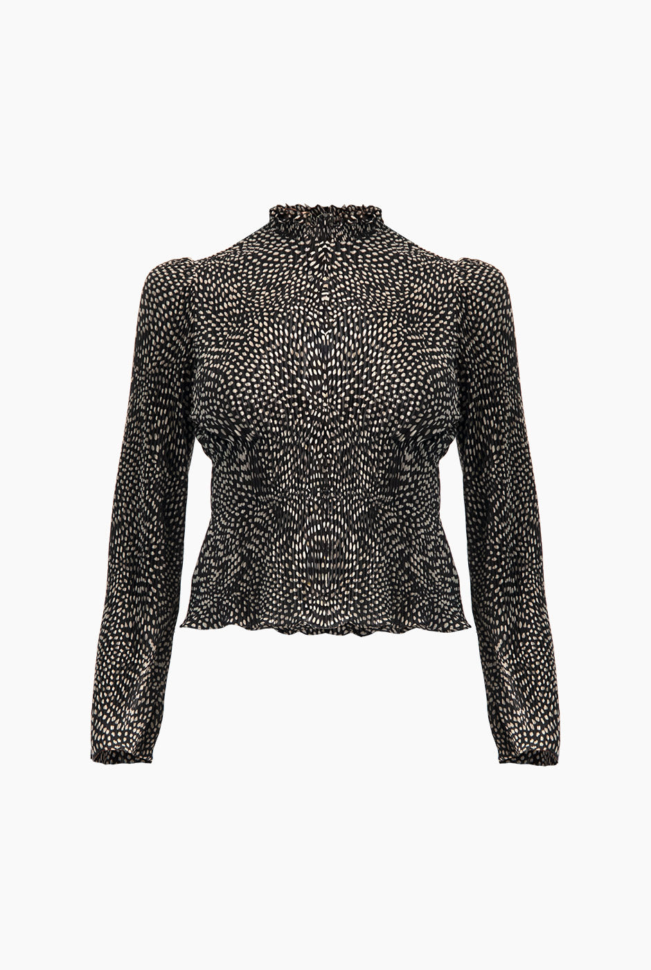Blusa negra plisada con lunares blancos y cuello alto