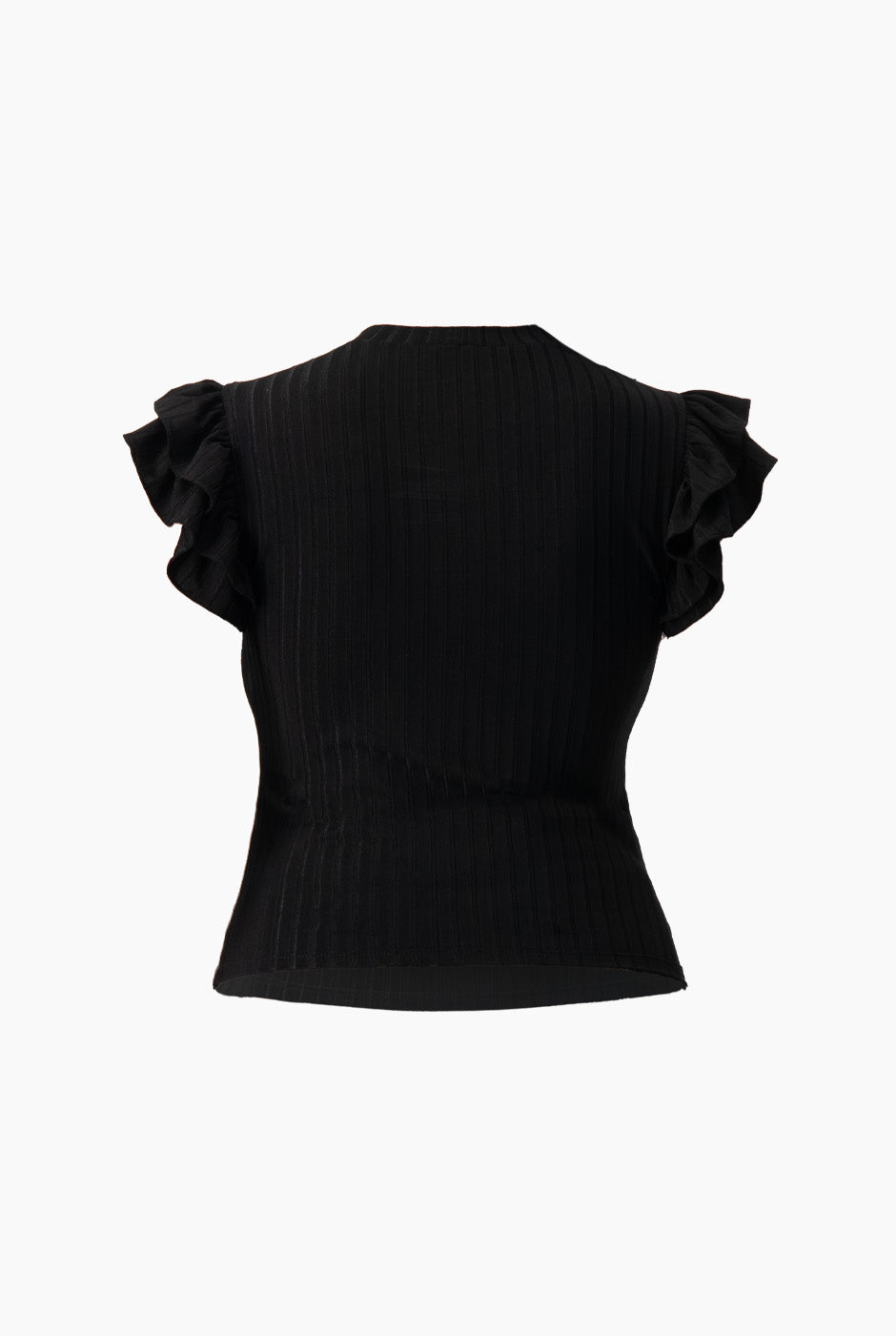 Blusa negra acanalada con volantes en los hombros