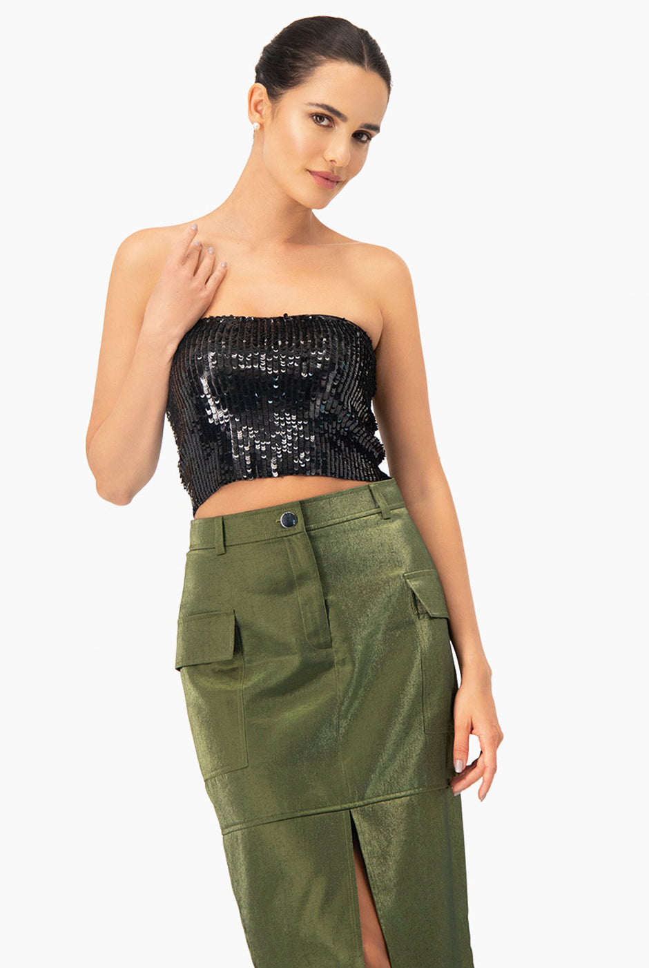 Top tubo negro con lentejuelas, sin mangas, entallado