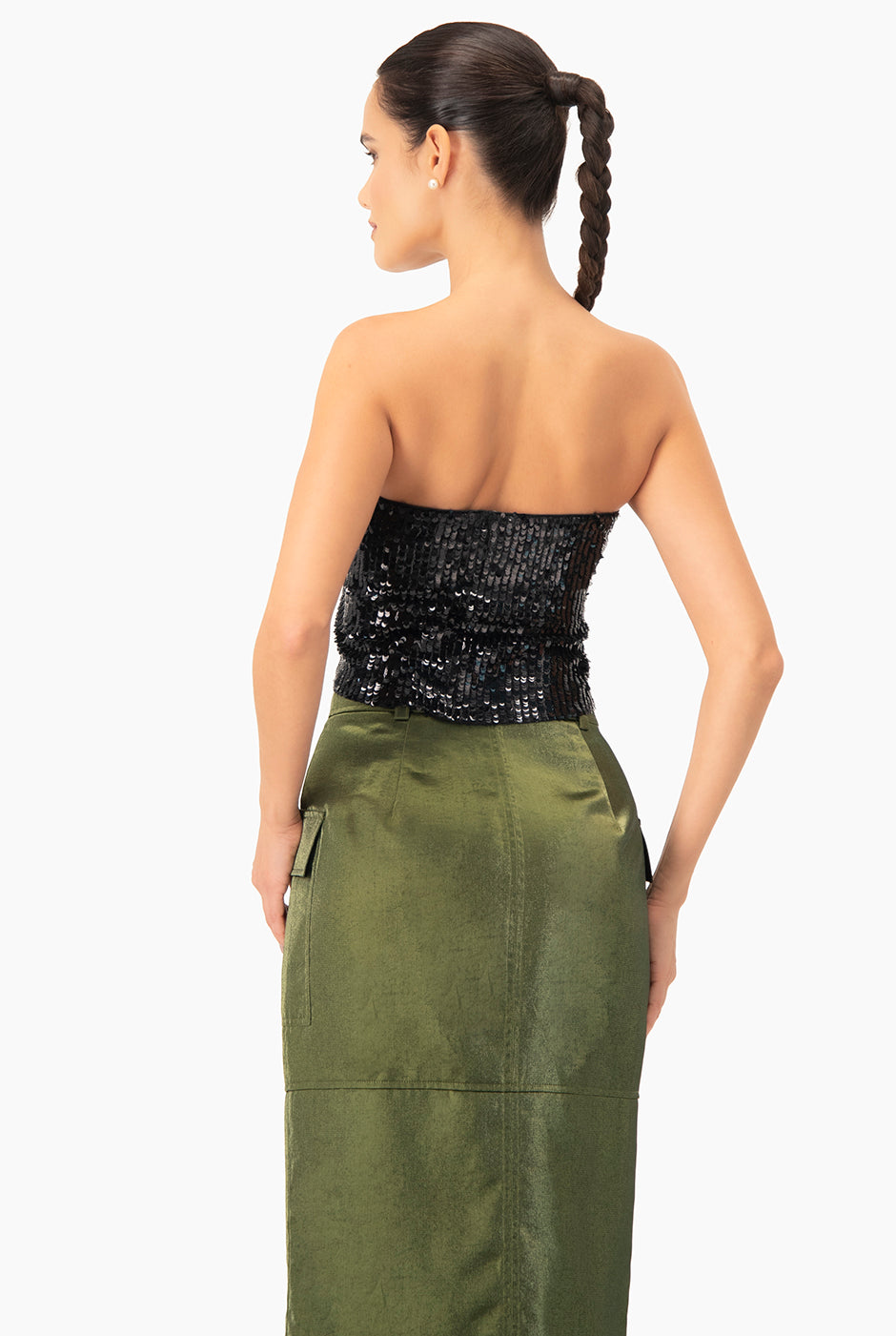 Top tubo negro con lentejuelas, sin mangas, entallado