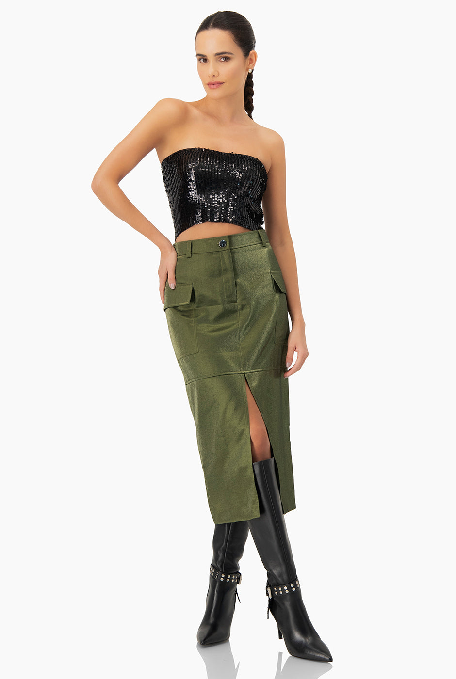 Top tubo negro con lentejuelas, sin mangas, entallado