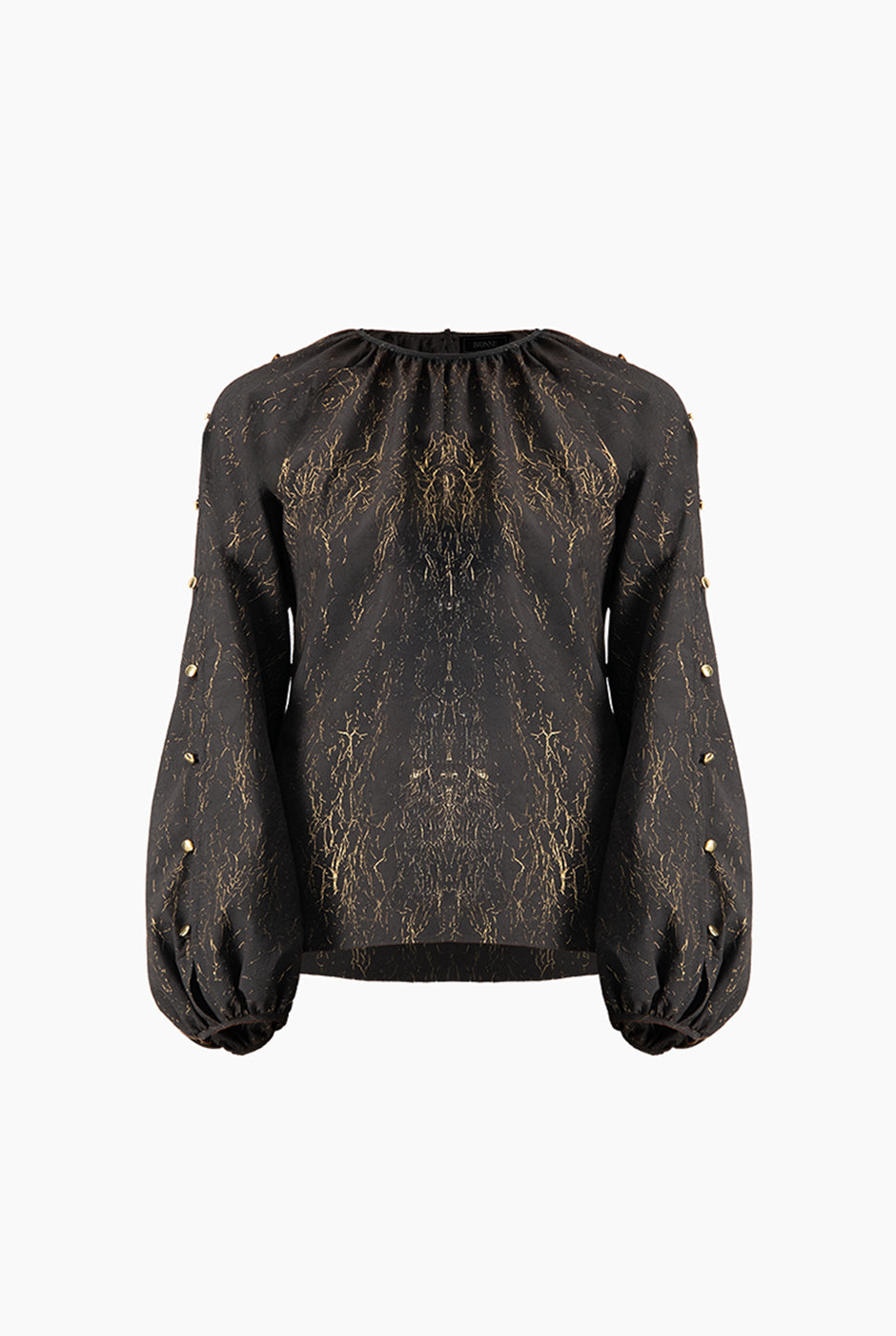 Blusa negra de manga larga con botones y estampado dorado