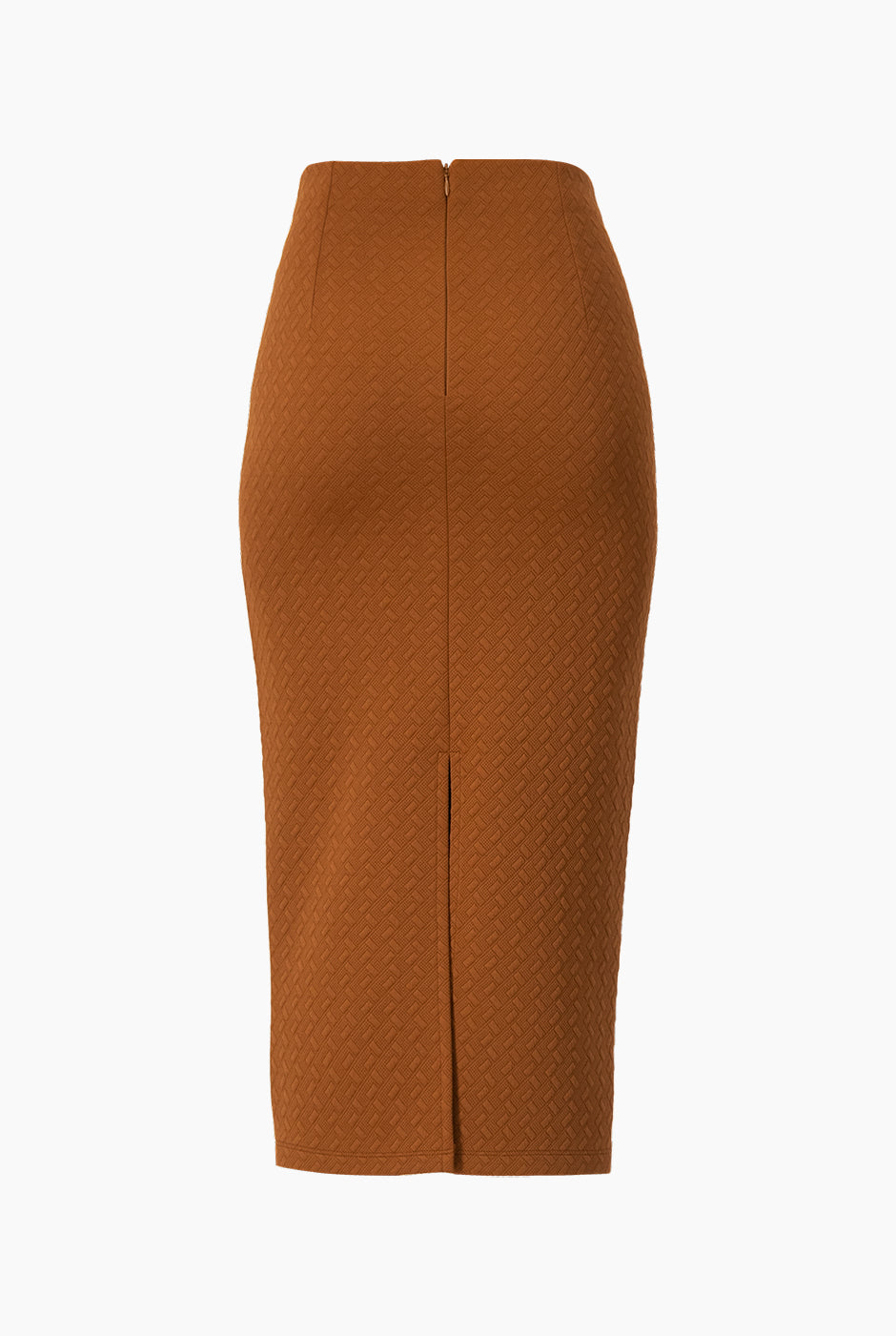 Falda midi café ajustada con abertura trasera y textura patrón