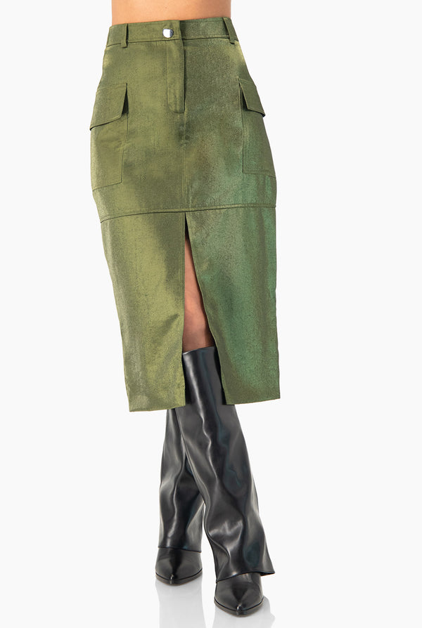 Falda midi verde con abertura