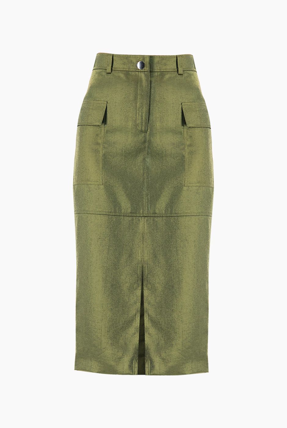 Falda midi verde olivo con abertura frontal y bolsillos