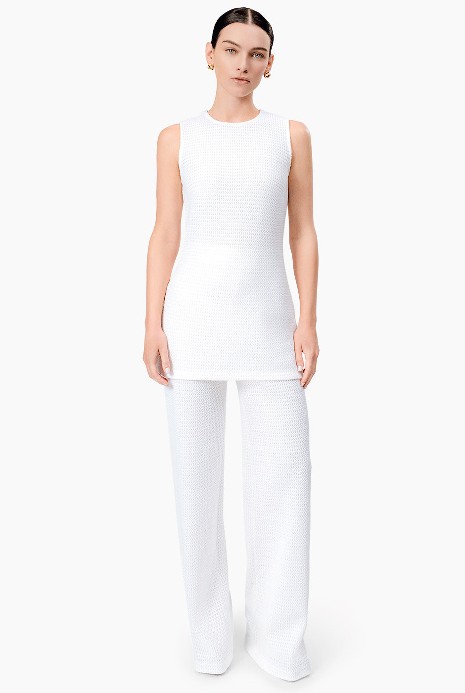 Pantalón recto blanco tejido con pretina de cardigan