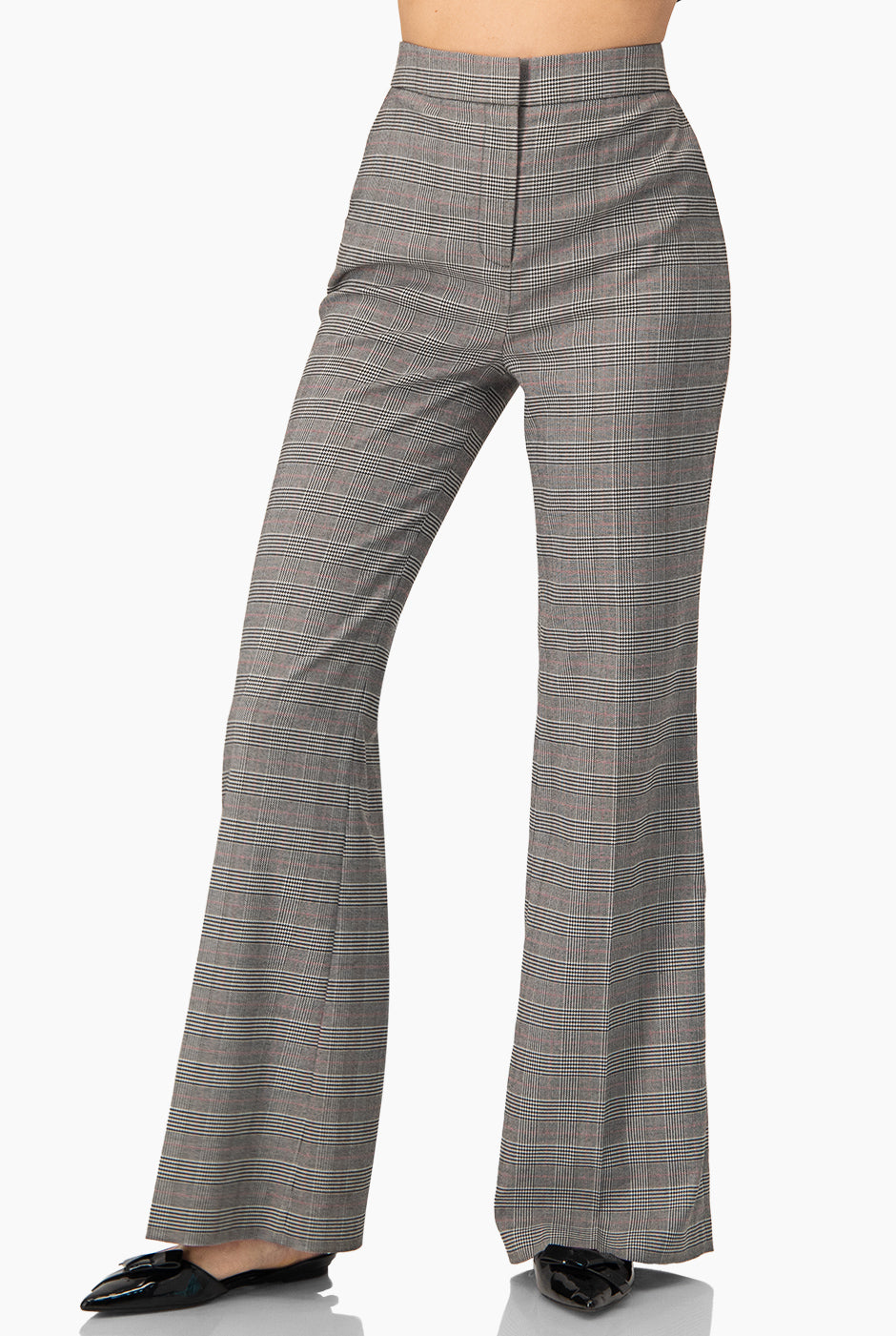 Pantalón campana gris con estampado de cuadros y cierre