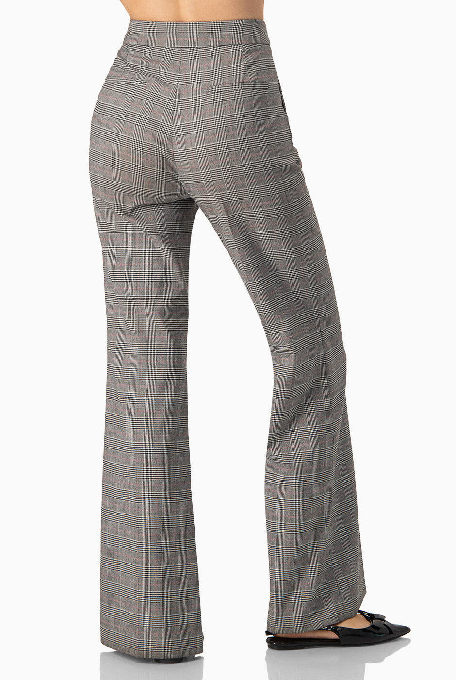 Pantalón campana gris con estampado de cuadros y cierre