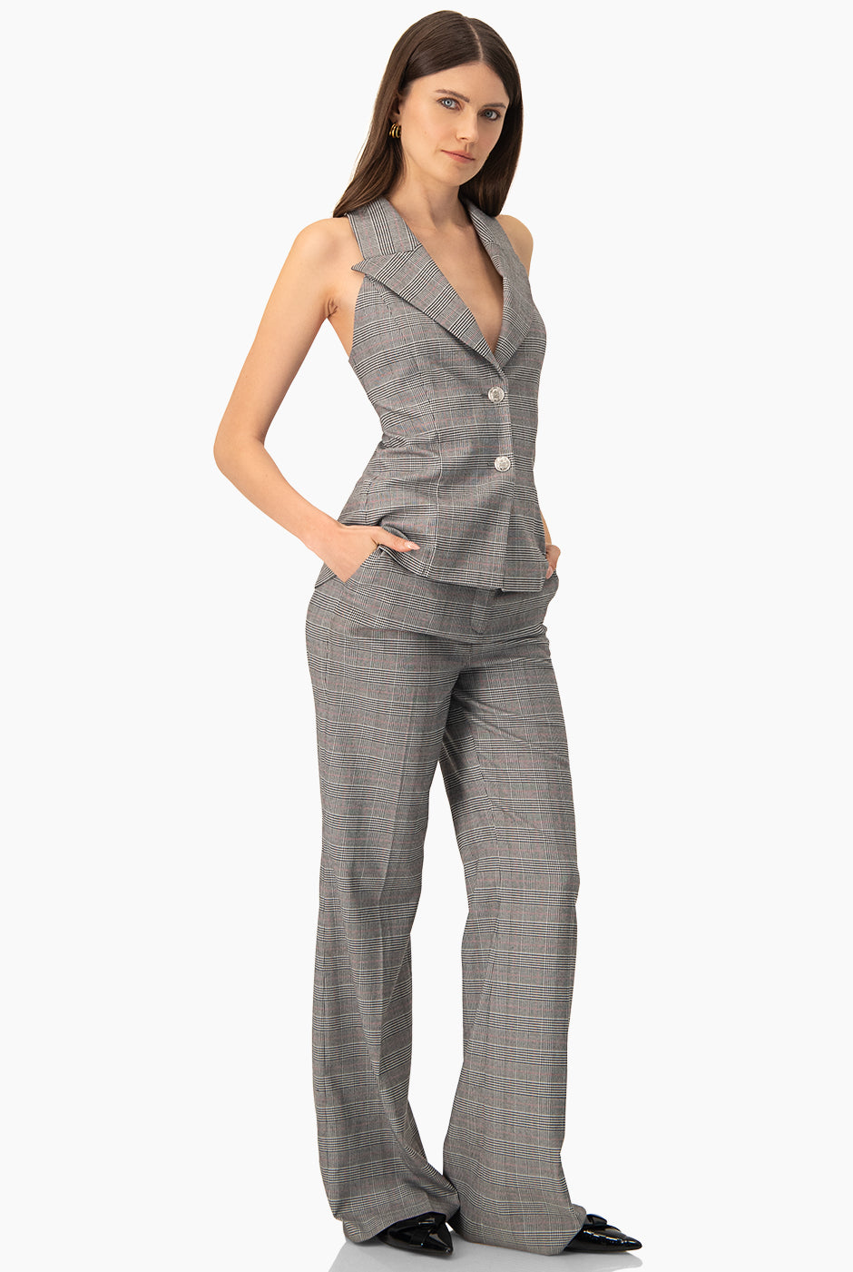 Pantalón campana gris con estampado de cuadros y cierre