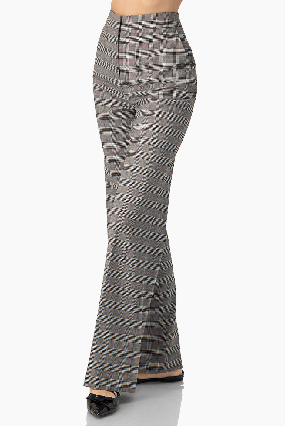 Pantalón campana gris con estampado de cuadros y cierre