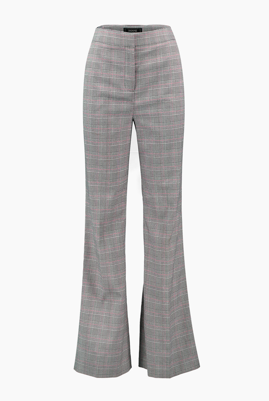 Pantalón campana gris con estampado de cuadros y cierre