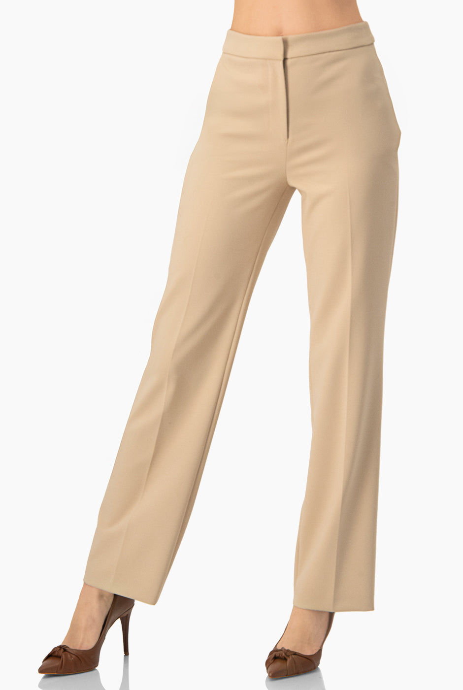 Pantalón sastreado beige con corte recto y bolsillos simulados