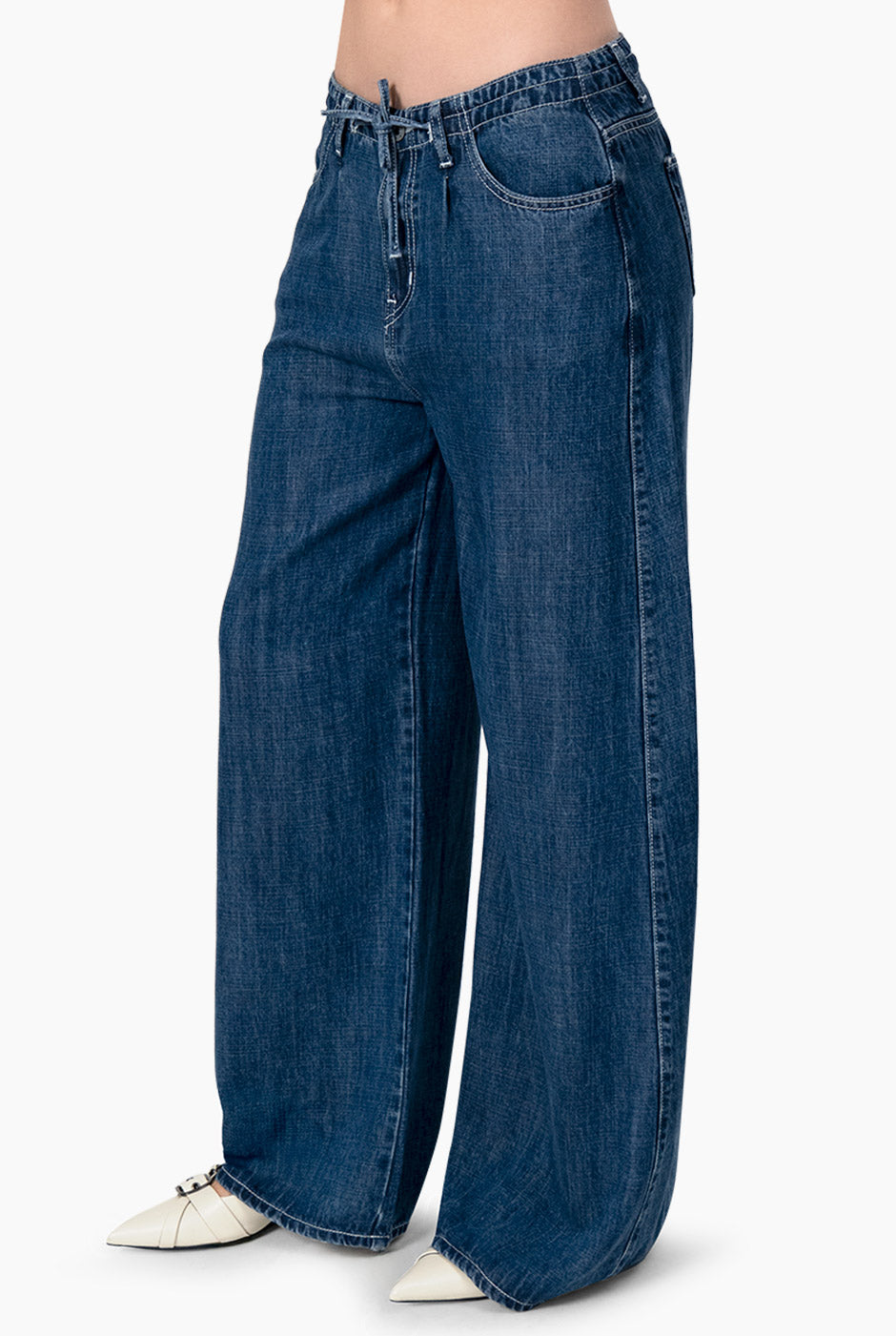 Jeans de pierna amplia con jareta en azul marino