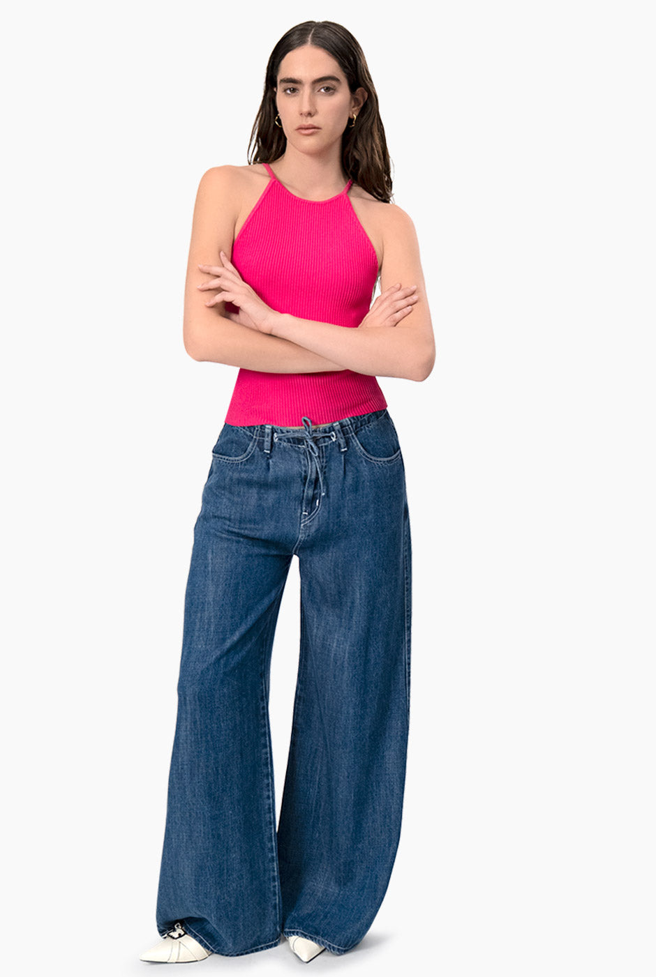 Jeans de pierna amplia con jareta en azul marino