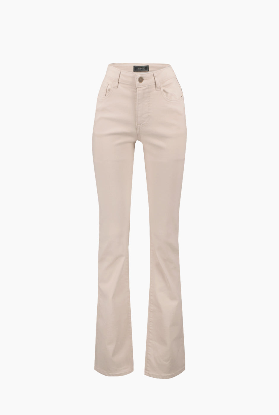 Jeans beige semi acampanados con botón frontal y bolsillos traseros