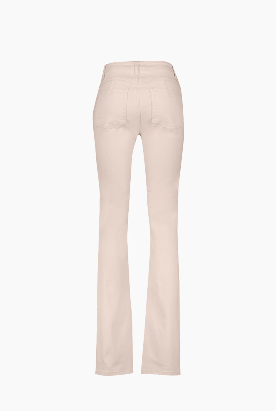 Jeans beige semi acampanados con botón frontal y bolsillos traseros