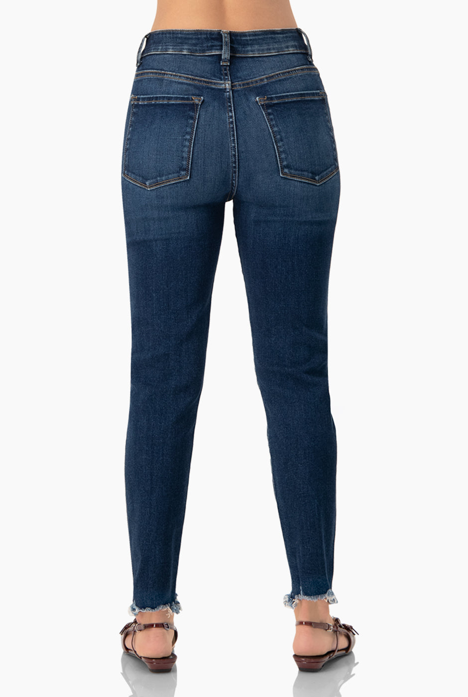 Jeans skinny azul con botones frontales y deshilachados