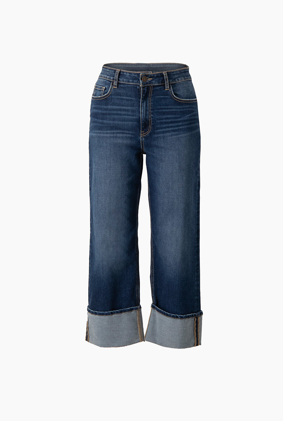 Jeans recto de mezclilla azul con bolsillos y dobladillo vuelto