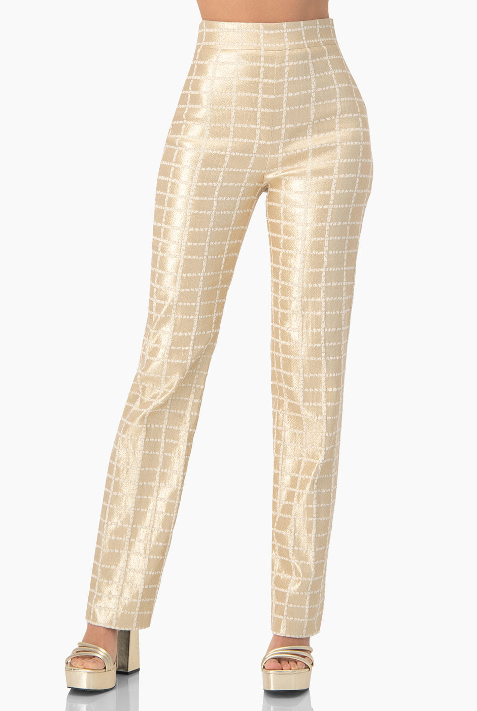 Pantalón recto dorado con estampado de cuadros y bolsillos
